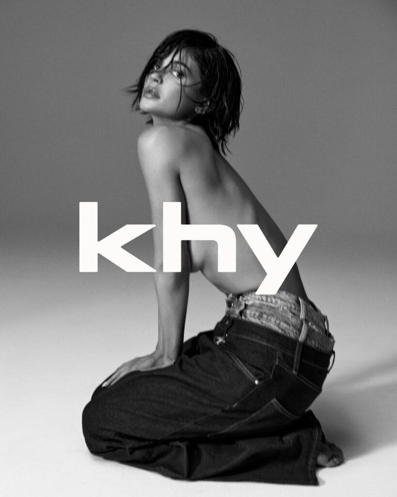 Kylie Jenner goes topless in black jeans to promote Khy