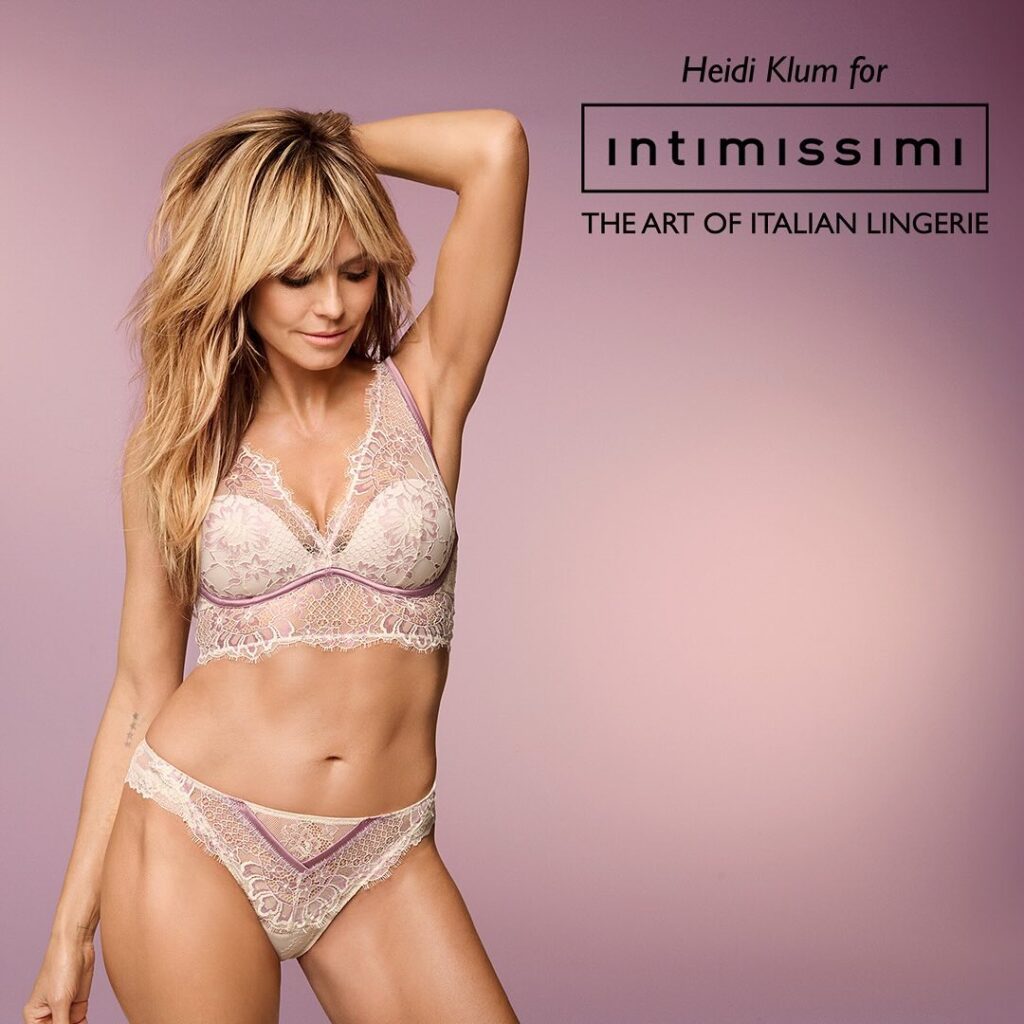 Heidi Klum donned a lilac lace bralette and matching panties for Intimissimi campaign 2024